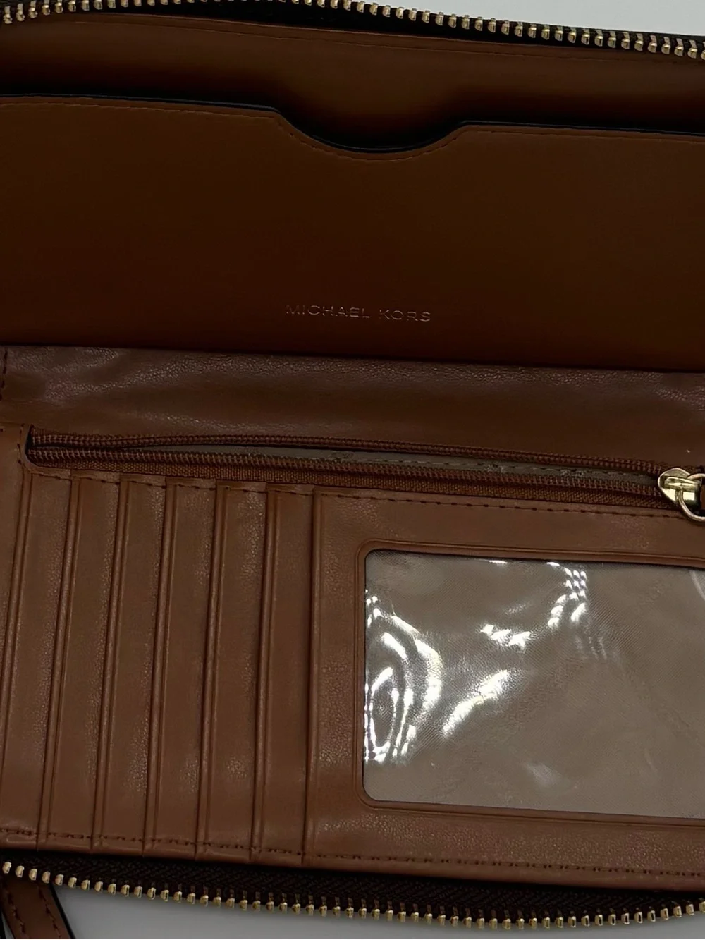 Michael Kors Brown MK Logo Zip-Around Wristlet with Gold Hardware